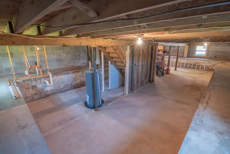Unfinished basement with the water heater and exposed pipes